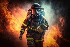 身着防护服、头戴呼吸器的勇敢男性消防员在燃烧的火焰中行走的3D图像