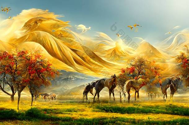 壁画墙纸适用于画框画布印刷。马和金黄的树，<strong>还有</strong>五颜六色的山。金色的太阳，现代背景的鸟儿，美丽的风景，<strong>还有</strong>一匹马和一座山