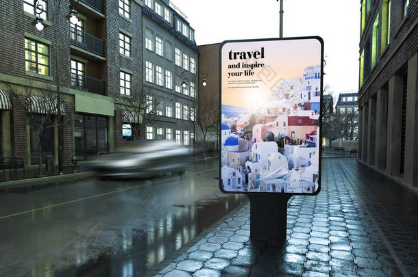 晚上3d 渲染城市街道广告旅游广告牌
