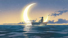 年轻人划船在海里看月牙，数码艺术风格，插图绘画