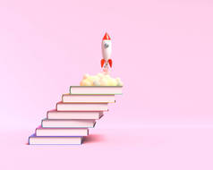 玩具火箭从书本上起飞，在粉红色的背景上喷出烟雾。教育和知识欲望的象征。学校插图。3d 渲染.