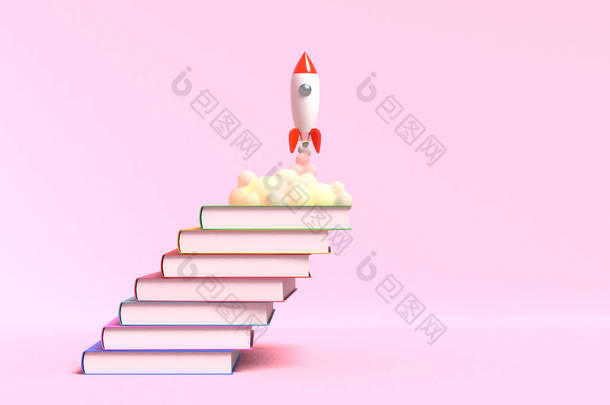 玩具火箭从<strong>书本</strong>上起飞，在粉<strong>红色</strong>的背景上喷出烟雾。教育和知识欲望的象征。学校插图。3d 渲染.