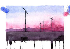 在山上的风力涡轮机日落背景。一个风电场在美丽的风景, 俄罗斯, 乌斯卡姆查茨克。风车生态可再生能源。绿色能源理念.