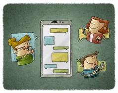 三个人围在一个大手机周围，他们互相传递信息。通信和社交媒体概念.