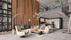 3D展示一个现代化的阁楼-明亮的客厅，有一个大沙发，壁炉，厨房和画廊