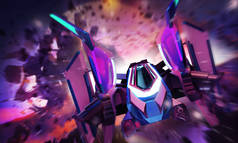 一个未来派霓虹灯彩色科幻飞船飞行在空间爆炸紫色背景第三人前面的例证.