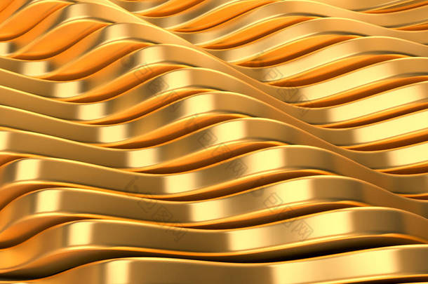 漂亮的金色背景，线条流畅。 3D说明，3D渲染.