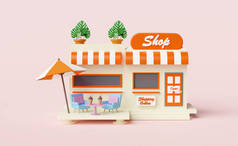 在粉红的背景上隔绝的带咖啡桌的商店咖啡店。创业特许经营概念，3D插图或3D渲染