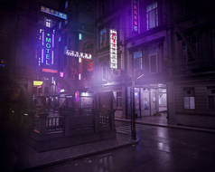 黑暗网络朋克城市中心与霓虹灯和街灯的夜晚