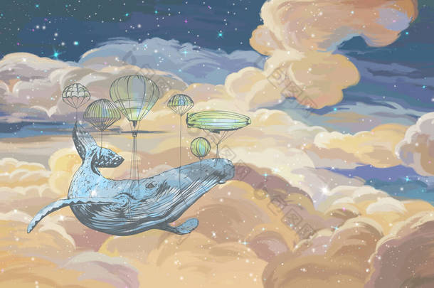 色彩艳丽的星空壁纸.用气球在空中的鲸鱼。蓝色背景上的云彩图解。漂亮的滑雪板。<strong>书画</strong>，卡片，明信片，壁纸，壁画
