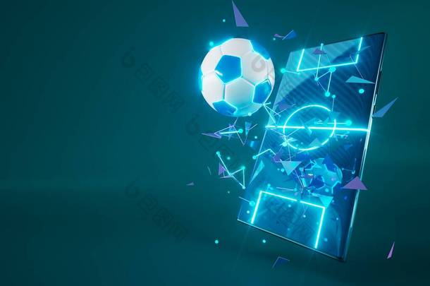 足球具有智能手机屏幕动作效果.体育概念设计。3D插画。蓝色背景。在线体育直播。押注赌场设计客观竞争。3D对象渲染。运动图形.
