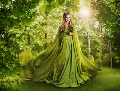 幻想童话故事森林、 童话性质、 若虫女人绿色连衣裙