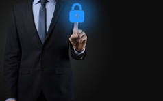 网络安全网络。Padlock图标和互联网技术网络。商人在虚拟界面上保护数据个人信息.2.数据保护隐私概念。GDPR 。欧盟.