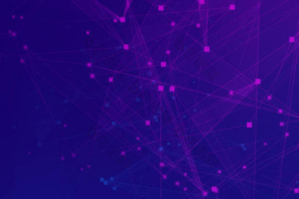 紫色和蓝色多边形技术网络，具有连接技术背景。抽象的<strong>网点</strong>和线条纹理背景.3d渲染.