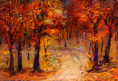 油画五彩缤纷的秋天树.半抽象的森林形象,黄红叶和湖的杨树.秋天,秋天,大自然的背景.手绘印象派，户外景观