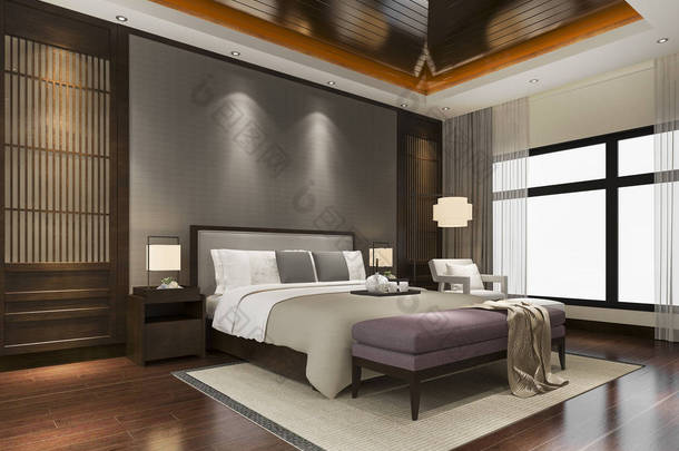 3d. 渲染豪华中式卧室套房在度假酒店