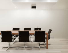 带白色墙壁的会议室, 木地板复制空间3d 渲染
