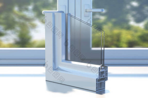 铝型材框架双釉面截面在关闭的窗台上.节能保温概念,居室内部.3D插图