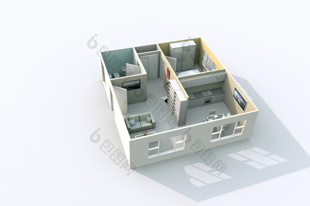 3d 室内渲染斜的屋顶公寓家具视图