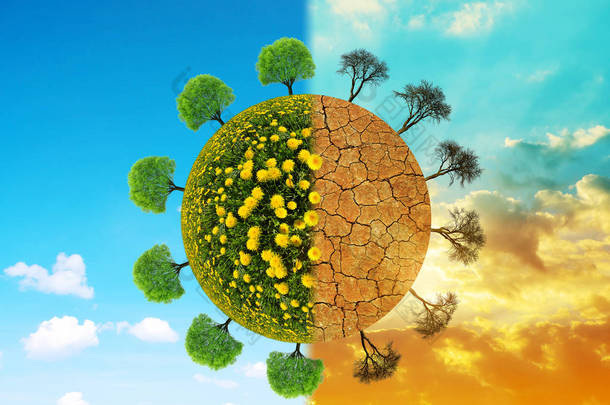 树木繁茂干燥的星球。改变气候或全球变暖的概念.