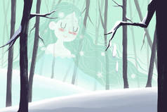 冬日仙女出现在雪地森林里. 童话故事。 写实奇幻卡通风格的艺术品场景，墙纸，故事背景，卡片设计