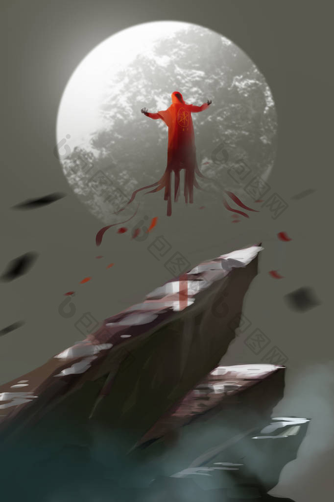 一个红色斗篷魔法师在空中飞翔月亮登上山顶