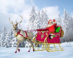 在他的雪橇和驯鹿在与白雪皑皑的雪地上圣诞老人