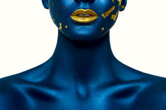 蓝色的皮肤，金的嘴唇美丽女模特