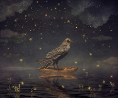 黑乌鸦在一条船在河里神奇的夜晚，插画艺术