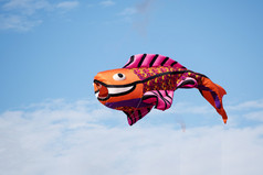 红色的鱼风筝从降落伞丝制成，在蓝蓝的天空迎风