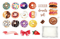多彩多姿的水彩甜甜圈和设计元素的集合。手绘插图上孤立的白色背景