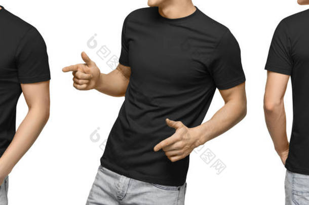 年轻男性在空白黑 t-shirt, 正面和背面视图, 被隔绝的白色背景与修剪路径。设计人 t恤模板和<strong>样机</strong>的打印
