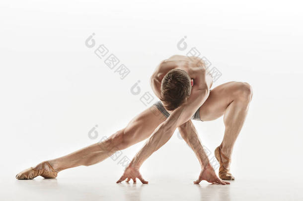 在完<strong>美</strong>的<strong>形</strong>状，在灰色的背景下执行运动的芭蕾舞演员.