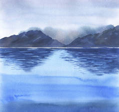 高山背景下的蓝色海水水彩画