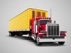 卡车红色与黄色拖车3d 渲染灰色背景与