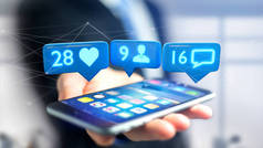在社交网络上使用智能手机、跟随者和消息通知的商人的看法-3d 渲染
