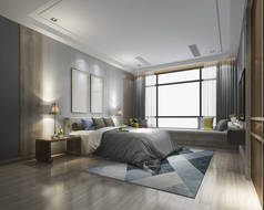 3D将奢华的现代卧房套间与衣橱摆放在一起