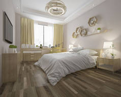 3d 渲染木头小风格卧室，从窗口视图