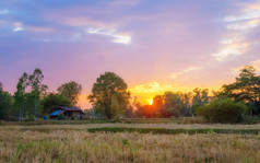 在乡村收割后的田野和小屋里的美丽日落.