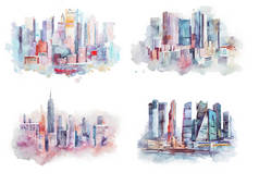 绘图市容大城市市中心，水彩画水彩画