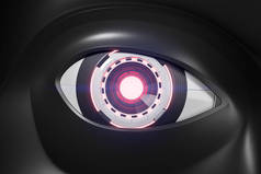 逼真的红色机器人眼睛与一个黑色机器人脸上的相机。高科技的概念, 人脸识别和机器起义。3d 渲染模拟