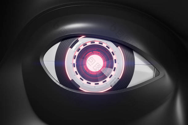 逼真的<strong>红色</strong>机器人眼睛与一个黑色机器人脸上的相机。高<strong>科技</strong>的概念, 人脸识别和机器起义。3d 渲染模拟