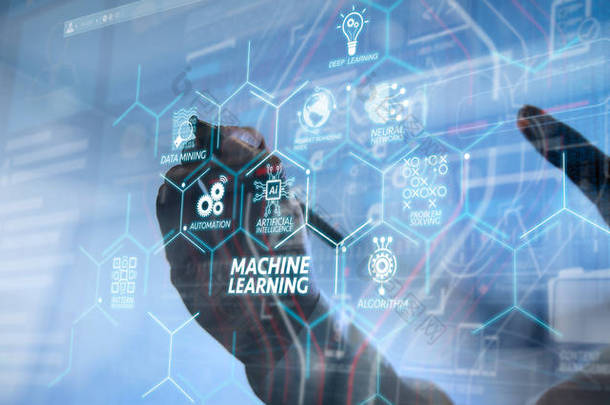 机器学习技术图与人工智能 (Ai), 神经网络, 自动化, 数据挖掘在 Vr 屏幕. 商人手用现代技术和数字层效应.