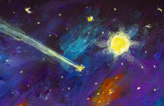 坠落的彗星, 星星在蓝色的紫罗兰空间里, 大亮的行星油画。绘画片断.