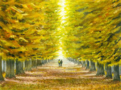 与一对夫妇漫步在旧公园的秋季景观水彩插图