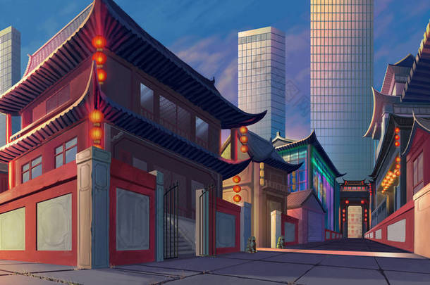 中国洛阳街道写实乡村画系列。视频游戏的数字 Cg 艺术作品, 概念插图, 逼真的卡通风格场景设计