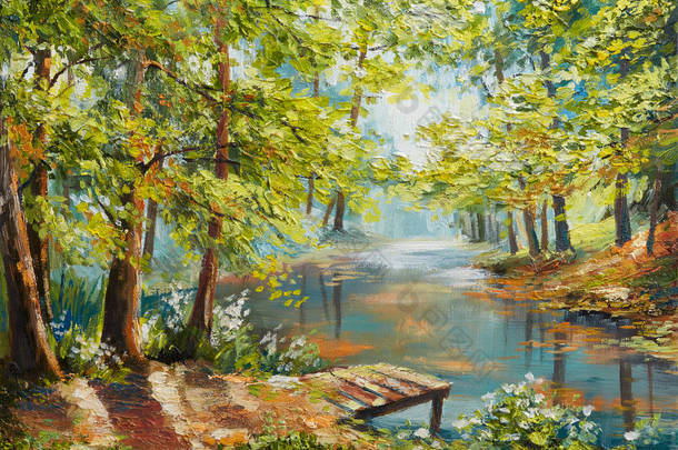 油画风景-秋天的树林，河边，橙叶