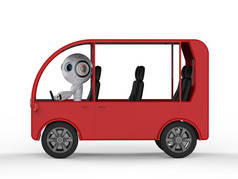 运输技术概念与3d 渲染机器人驾驶迷你巴士在白色背景