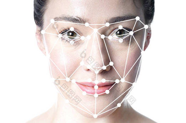 face detection or facial recognition grid overlay on face of woman