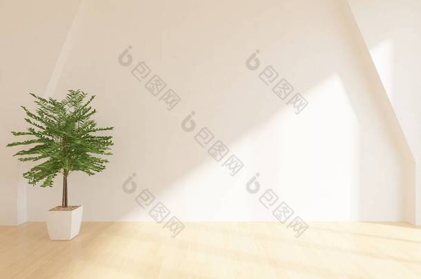 空荡荡的斯堪的纳维亚房间内部的想法与<strong>植物</strong>在木地板上。家<strong>北欧</strong>内饰。3d 例证-例证